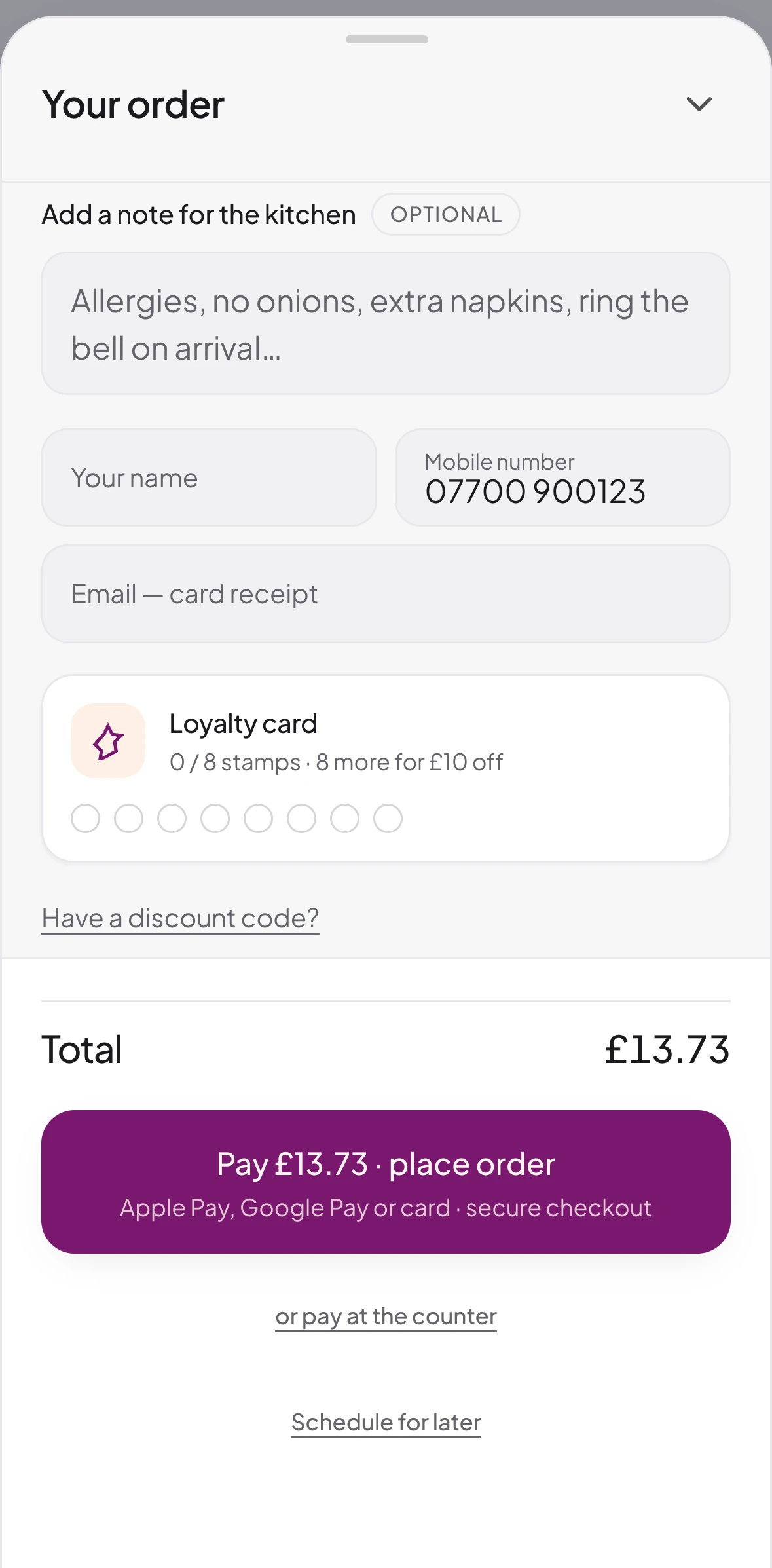 Checkout at Shakespears Desserts: a loyalty card of 8 stamps for £10 off, and pay by Apple Pay, Google Pay or card
